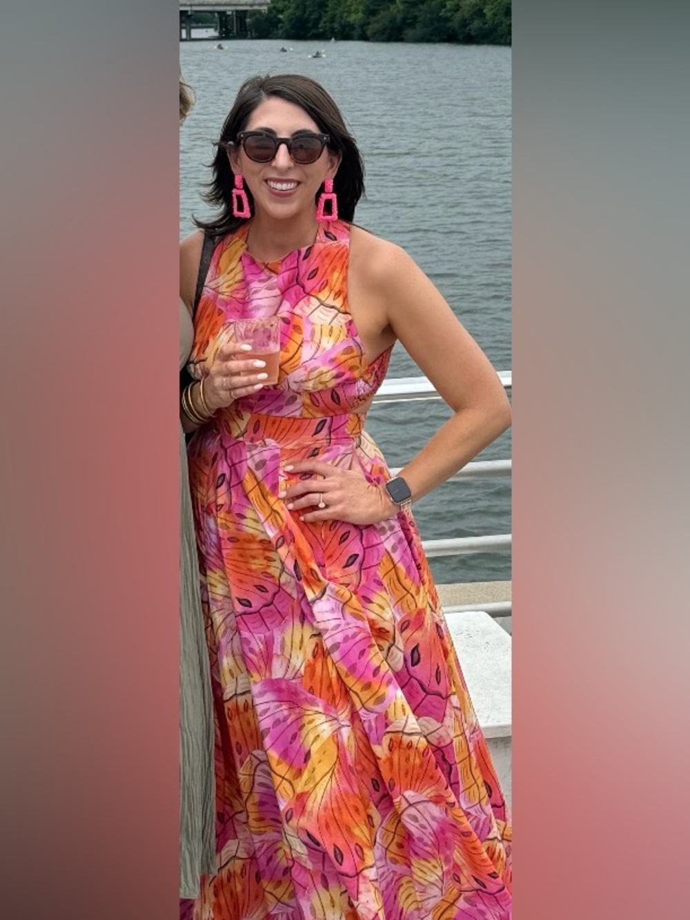 Sleeveless Pink & Orange Floral Cross-Back Maxi Dress by